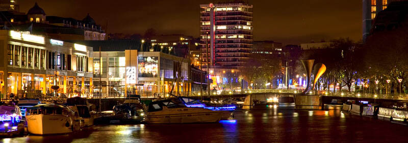 a view of Bristol's harbourside and the Pero's bridge taken at night